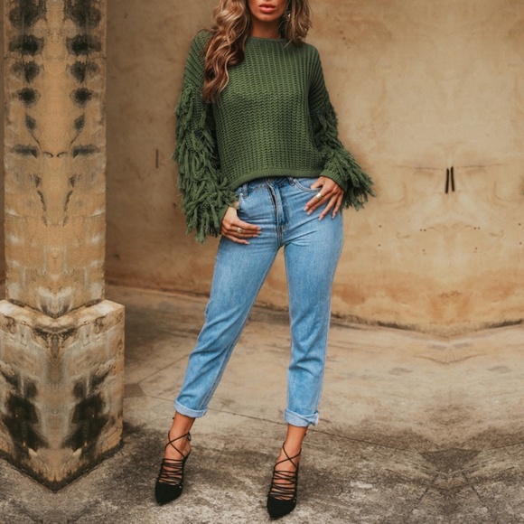 Fringe sleeve knit sweater fall cream cozy GREEN - Picture 4 of 8